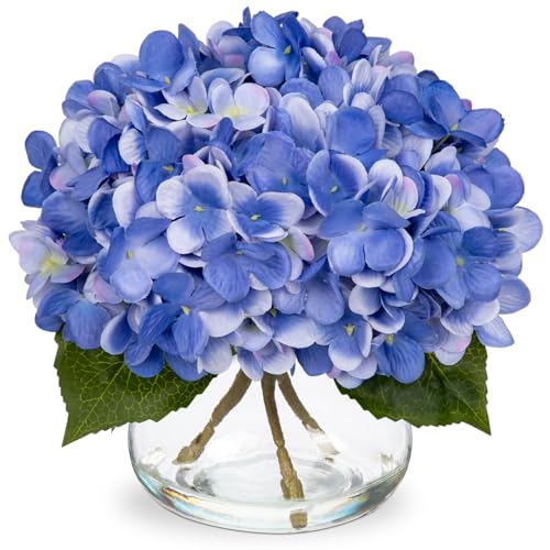 Hollyone Hydrangea Artificial Flowers with Vase Slate Blue Silk Fake Flowers Arrangements Floral Bulk Bouquet in Glass Vase with Faux Water for Home Bathroom Office Table Centerpiece Shelf Decorations - Image 1