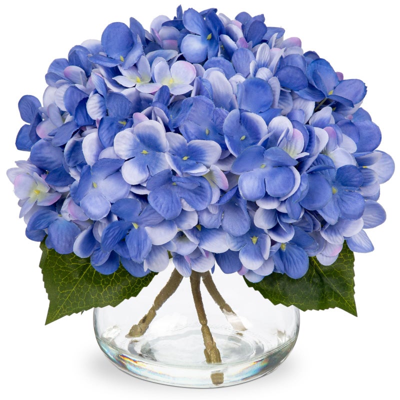 Hollyone Hydrangea Artificial Flowers with Vase Slate Blue Silk Fake Flowers Arrangements Floral Bulk Bouquet in Glass Vase with Faux Water for Home Bathroom Office Table Centerpiece Shelf Decorations - Image 2