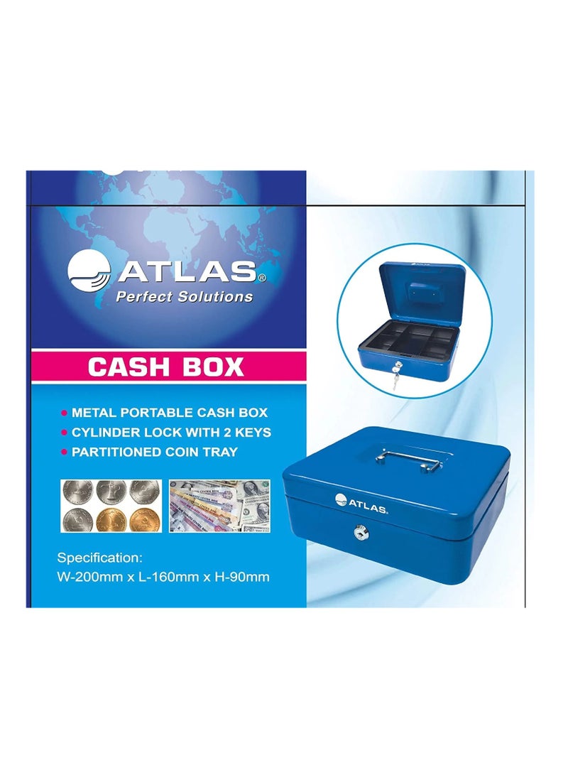 ATLAS Steel Cash Box Register With Tray And Lock 200x160x90mm Size Blue - Image 1