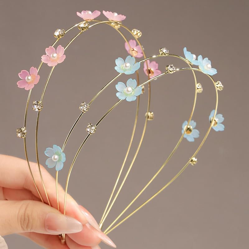 AIBFRID 2PCS Metal Flower Headbands for Women, Thin Non-Slip Hairbands with Rhinestones & Pearls, Cute Bridal Hair Accessories for Women Teens Girls - Image 1