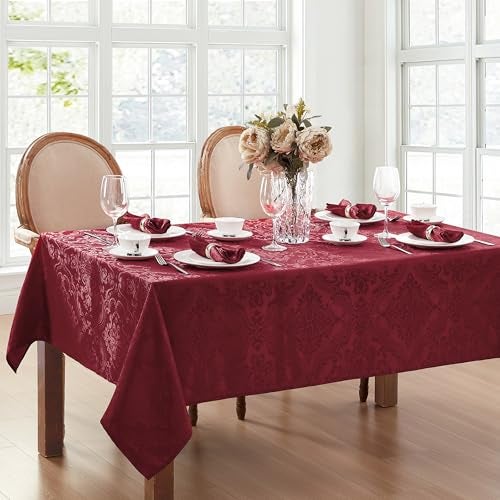 Elrene Home Fashions Caiden Elegance Damask Waterproof Stain Wrinkle Resistant Fabric Tablecloth 52 x 52 Square Cranberry - Image 3