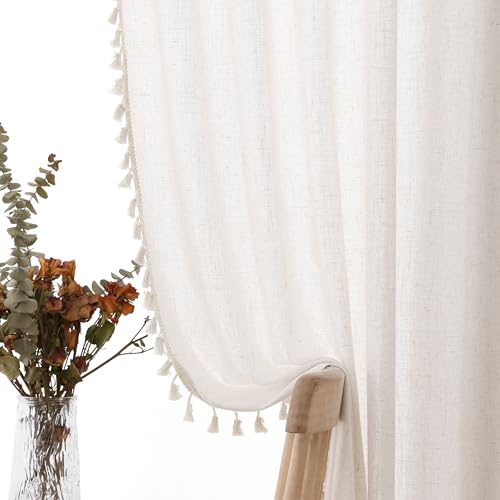 SPWIY Natural Boho Linen Curtains 84 Inches Long 2 Panels Cream Beige Semi Sheer Curtains Tassel Rod Pocket Back Tab Top Light Filtering Neutral Farmhouse Curtains for Living Room Bedroom 38x84 - Image 1