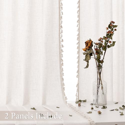 SPWIY Natural Boho Linen Curtains 84 Inches Long 2 Panels Cream Beige Semi Sheer Curtains Tassel Rod Pocket Back Tab Top Light Filtering Neutral Farmhouse Curtains for Living Room Bedroom 38x84 - Image 2