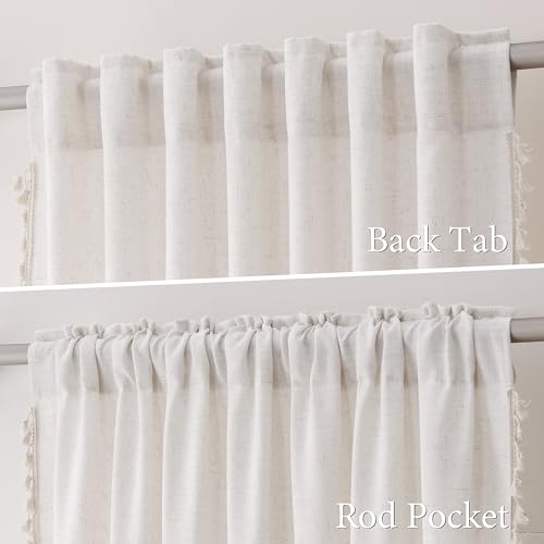 SPWIY Natural Boho Linen Curtains 84 Inches Long 2 Panels Cream Beige Semi Sheer Curtains Tassel Rod Pocket Back Tab Top Light Filtering Neutral Farmhouse Curtains for Living Room Bedroom 38x84 - Image 4