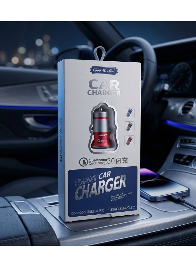 سترونج شاحن سيارة سريع Quick Charge 3.0 بمدخلين USB + كابل Type-C، شحن سريع للموبايل، احمر - Image 2