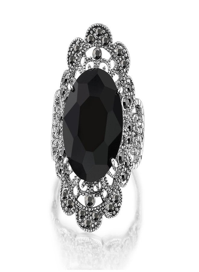 Mytys Retro Vintage Cocktail Statement Ring Black Marcasite & Crystal Rings for Women Antique Silver Big Black Onyx Stone Ring Style 2 - Image 1