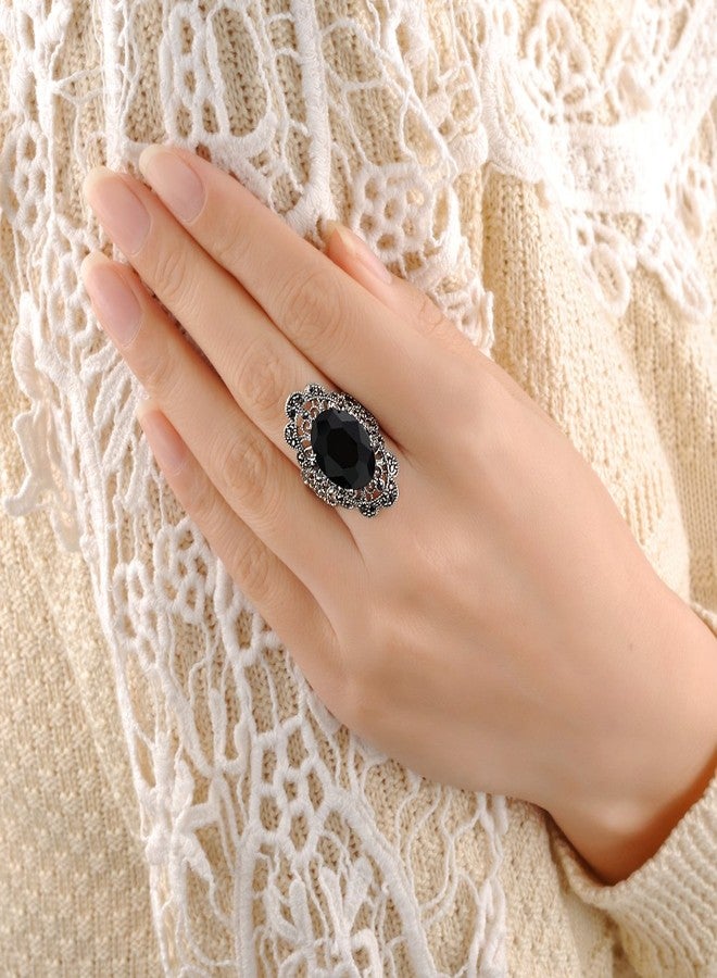 Mytys Retro Vintage Cocktail Statement Ring Black Marcasite & Crystal Rings for Women Antique Silver Big Black Onyx Stone Ring Style 2 - Image 5