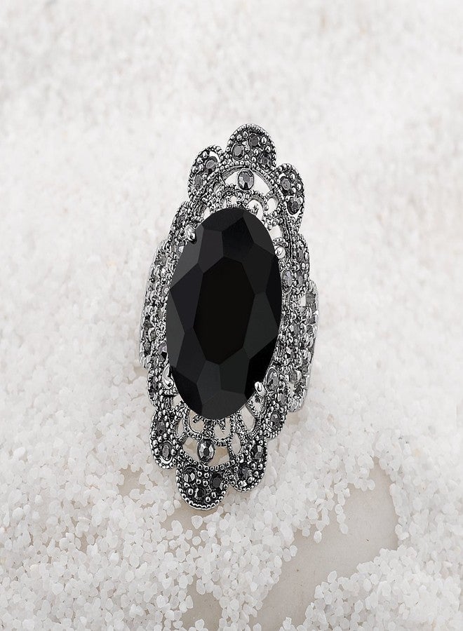 Mytys Retro Vintage Cocktail Statement Ring Black Marcasite & Crystal Rings for Women Antique Silver Big Black Onyx Stone Ring Style 2 - Image 3
