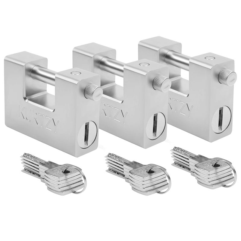 Kurtzy Kurtzy Heavy Duty 1kg Padlocks with 15 Keys (3 Pack) - Hardened Solid Steel Hardware Monoblock Lock - 12mm Thick Shackle - Protect Garages, Containers, Sheds, Shutters, Lockers, Gates and Warehouses - Image 1