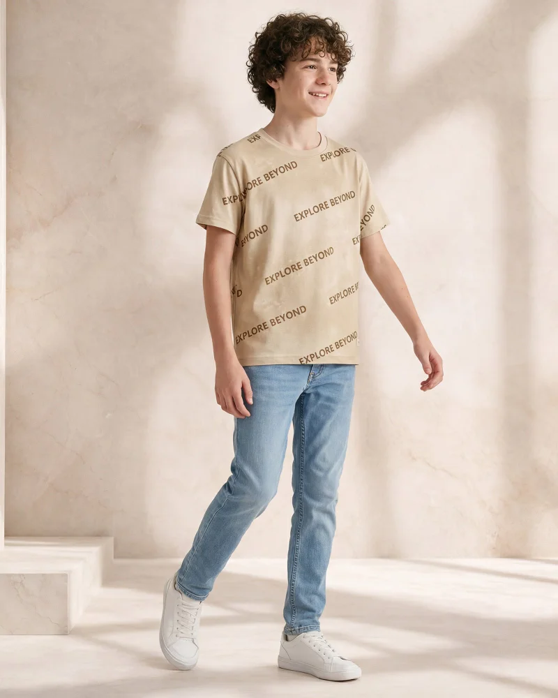 REDTAG Boys Beige Printed T-Shirt