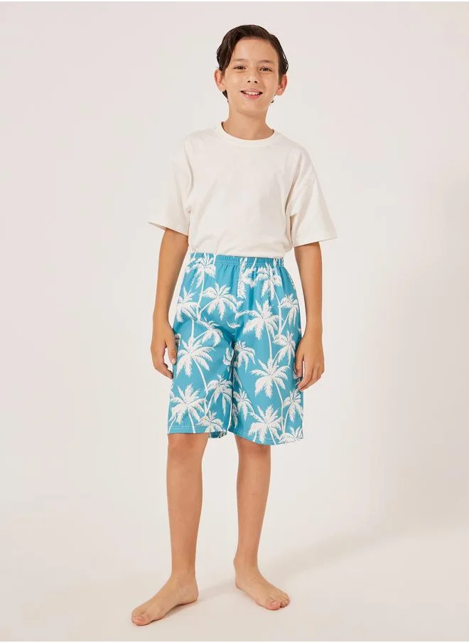 ستايلي Styli Tropical Print Elastic Waistband Swim Shorts