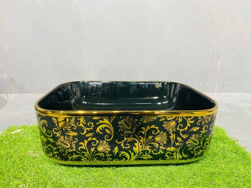 WARRIX Art Wash Basin Countertop Tabletop Ceramic Bathroom SinkBasin Glossy finish Black Golden 40 X 30 X 145 CM  - Image 1