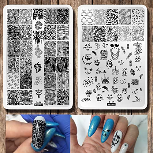 Mezerdoo 2Pcs Snakeskin Pattern Nail Stamping Template Cute Facial Expression Feather Nail Design Stamping Plate Skull Leopard Nail Art Image Plate 14.5×9.5cm Stainless Steel Nail Stencil Tools - Image 1