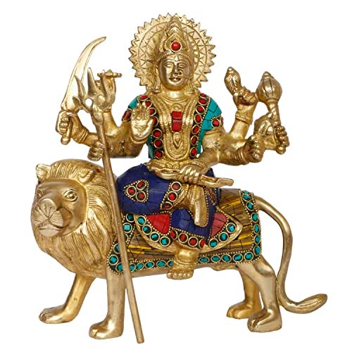 ARTVARKO Brass Maa Durga Idol Sitting On Lion Ma Sherwali Murti Devi Statue for Home Mandir Office Living Room Shop Gift Navratra Puja Multicolor Stone Work Color 9.5 Inch - Image 2