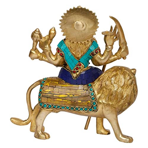 ARTVARKO Brass Maa Durga Idol Sitting On Lion Ma Sherwali Murti Devi Statue for Home Mandir Office Living Room Shop Gift Navratra Puja Multicolor Stone Work Color 9.5 Inch - Image 5