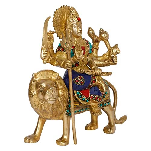 ARTVARKO Brass Maa Durga Idol Sitting On Lion Ma Sherwali Murti Devi Statue for Home Mandir Office Living Room Shop Gift Navratra Puja Multicolor Stone Work Color 9.5 Inch - Image 3
