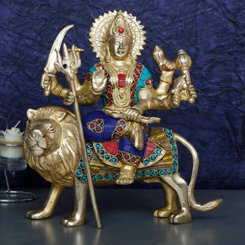 ARTVARKO Brass Maa Durga Idol Sitting On Lion Ma Sherwali Murti Devi Statue for Home Mandir Office Living Room Shop Gift Navratra Puja Multicolor Stone Work Color 9.5 Inch - Image 1