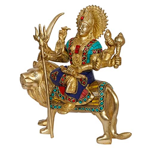 ARTVARKO Brass Maa Durga Idol Sitting On Lion Ma Sherwali Murti Devi Statue for Home Mandir Office Living Room Shop Gift Navratra Puja Multicolor Stone Work Color 9.5 Inch - Image 4