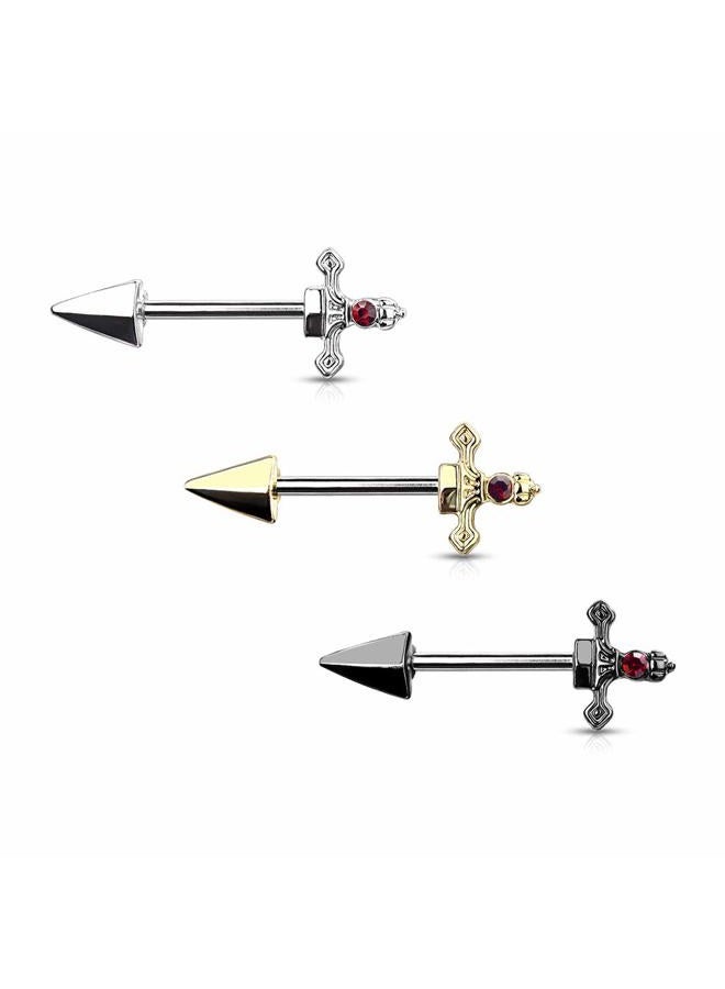 Pierced Owl Red Gem Set Dagger Nipple Barbell Rings in 316L Stainless Steel, Sold as A Pair - Image 3