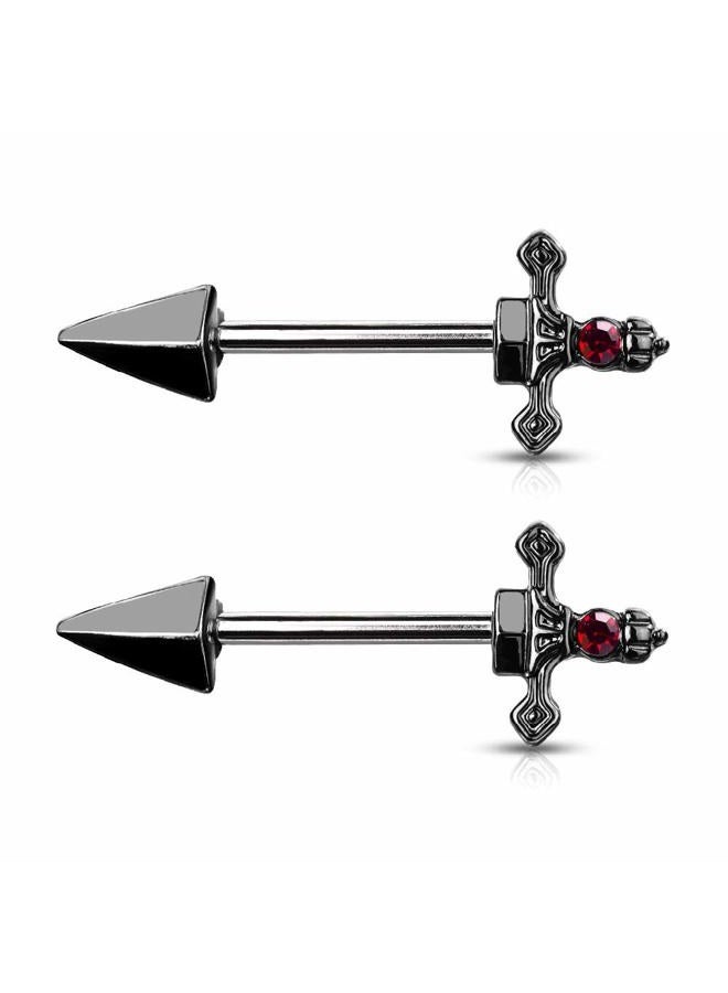 Pierced Owl Red Gem Set Dagger Nipple Barbell Rings in 316L Stainless Steel, Sold as A Pair - Image 1