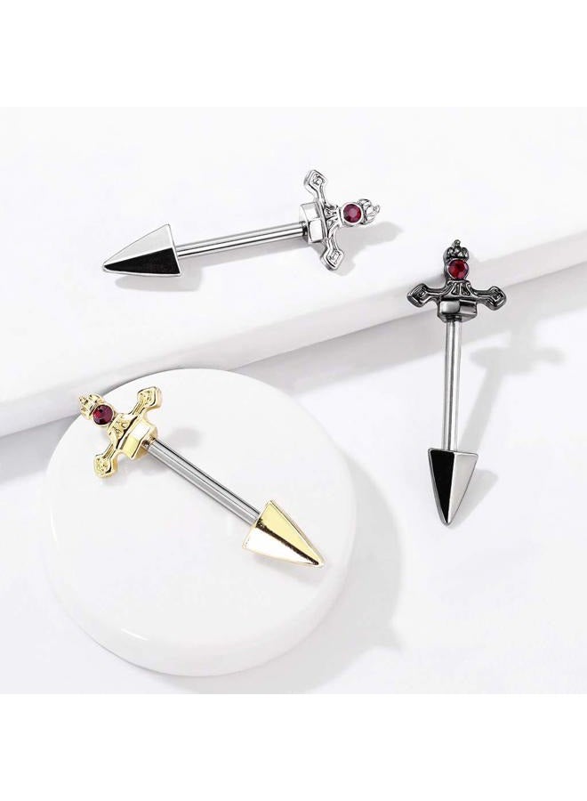 Pierced Owl Red Gem Set Dagger Nipple Barbell Rings in 316L Stainless Steel, Sold as A Pair - Image 4