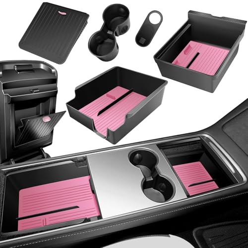 XINTUO 5Pcs Center Console Organizer Tray Compatible for Tesla Model Y Accessories 2025 20242021 Armrest Hidden Drawer Storage Box Cup Holder Not Compatible for Model 3 Highland Model y JuniperPink - Image 1
