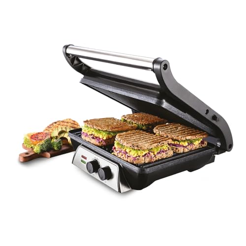 Usha iChef Sandwich Grill | 2000 Watt| Large 4 Slice Flat Bread Griller | 0-180° Flat Bed | Temperature and Timer Control | Auto Shut-Off After Pre-Set time |2 Years Warranty (Stainless Steel) - Image 1