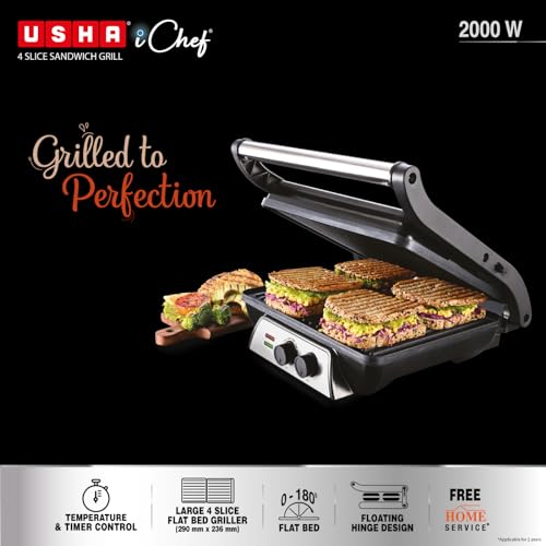 Usha iChef Sandwich Grill | 2000 Watt| Large 4 Slice Flat Bread Griller | 0-180° Flat Bed | Temperature and Timer Control | Auto Shut-Off After Pre-Set time |2 Years Warranty (Stainless Steel) - Image 2
