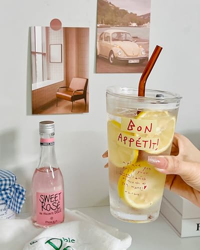 Olvini 15oz Glass Tumbler with Straw and Lid, Cute Iced Coffee Cups, Aesthetic Glass Cups, Coffee Tumbler, Water Cup, Matcha Cup, Drinking Glasses (Bon Appétit) - Image 3