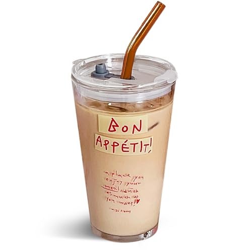 Olvini 15oz Glass Tumbler with Straw and Lid, Cute Iced Coffee Cups, Aesthetic Glass Cups, Coffee Tumbler, Water Cup, Matcha Cup, Drinking Glasses (Bon Appétit) - Image 1