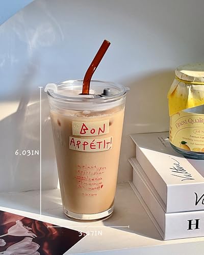 Olvini 15oz Glass Tumbler with Straw and Lid, Cute Iced Coffee Cups, Aesthetic Glass Cups, Coffee Tumbler, Water Cup, Matcha Cup, Drinking Glasses (Bon Appétit) - Image 4