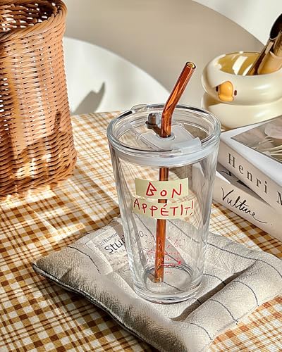 Olvini 15oz Glass Tumbler with Straw and Lid, Cute Iced Coffee Cups, Aesthetic Glass Cups, Coffee Tumbler, Water Cup, Matcha Cup, Drinking Glasses (Bon Appétit) - Image 2