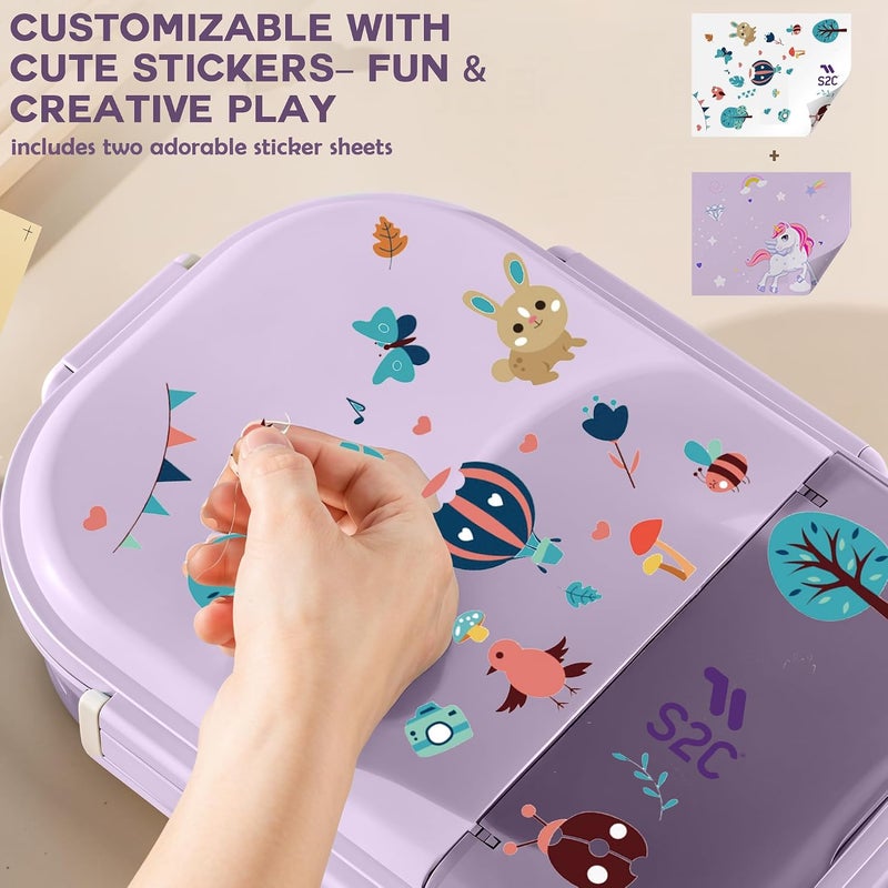 S2C Stainless Steel Kids Lunch Box | Bento-Style Tiffin with Leak-Proof Lid & Insulated Bag | Cute Designs for School & Travel | Large 1600ML Capacity (PURPLE BUG, 2 COMPARTMENT) - Image 3