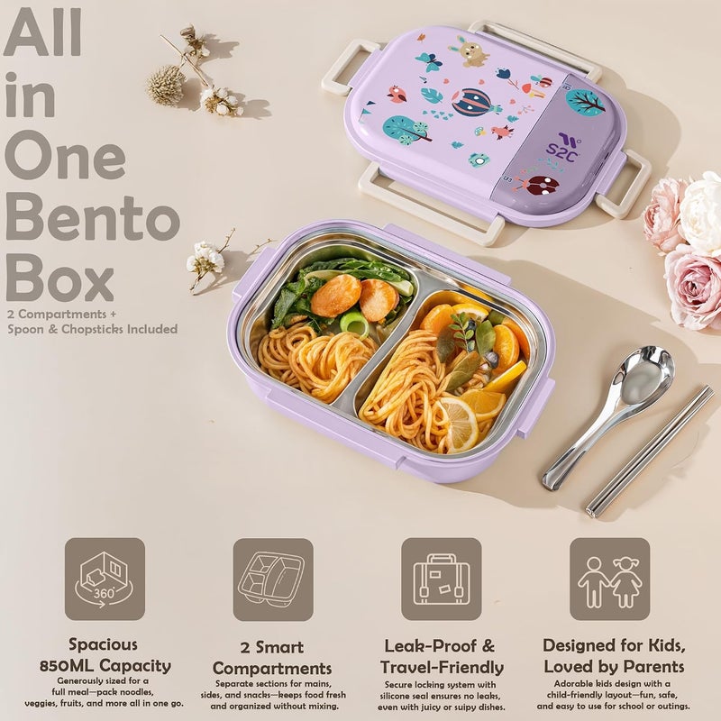 S2C Stainless Steel Kids Lunch Box | Bento-Style Tiffin with Leak-Proof Lid & Insulated Bag | Cute Designs for School & Travel | Large 1600ML Capacity (PURPLE BUG, 2 COMPARTMENT) - Image 5