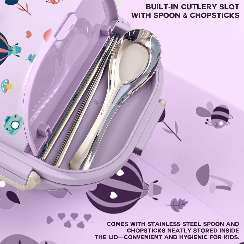 S2C Stainless Steel Kids Lunch Box | Bento-Style Tiffin with Leak-Proof Lid & Insulated Bag | Cute Designs for School & Travel | Large 1600ML Capacity (PURPLE BUG, 2 COMPARTMENT) - Image 2