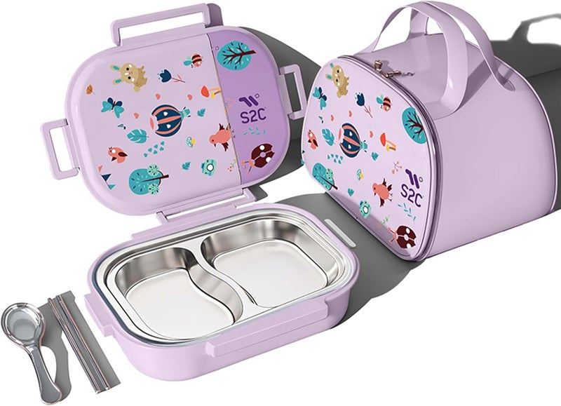 S2C Stainless Steel Kids Lunch Box | Bento-Style Tiffin with Leak-Proof Lid & Insulated Bag | Cute Designs for School & Travel | Large 1600ML Capacity (PURPLE BUG, 2 COMPARTMENT) - Image 1