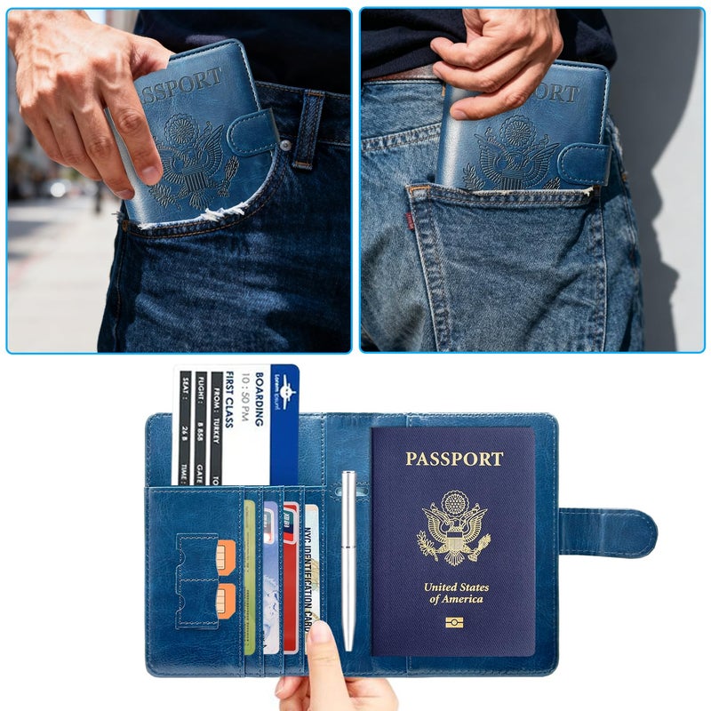 ACdream Passport Holder Cover, PU Leather Travel Wallet Case, RFID Blocking Document Organizer Protecrtor, with Slots for Credit Cards, Boarding Pass, for Women and Men - Dark Blue - Image 3