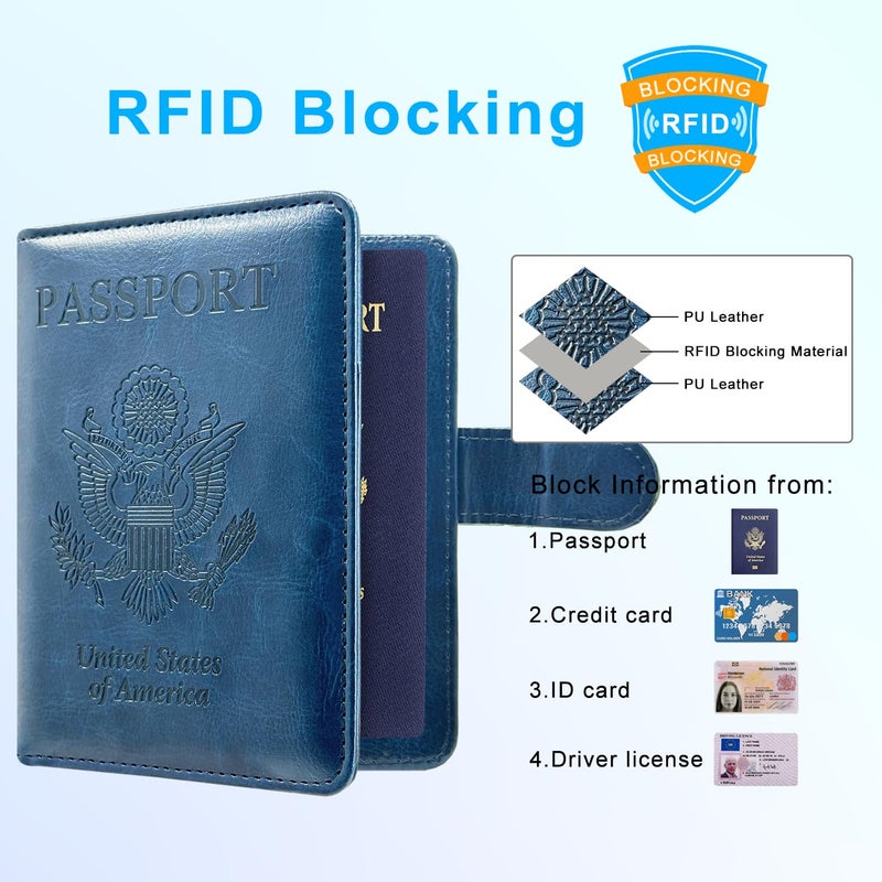 ACdream Passport Holder Cover, PU Leather Travel Wallet Case, RFID Blocking Document Organizer Protecrtor, with Slots for Credit Cards, Boarding Pass, for Women and Men - Dark Blue - Image 5