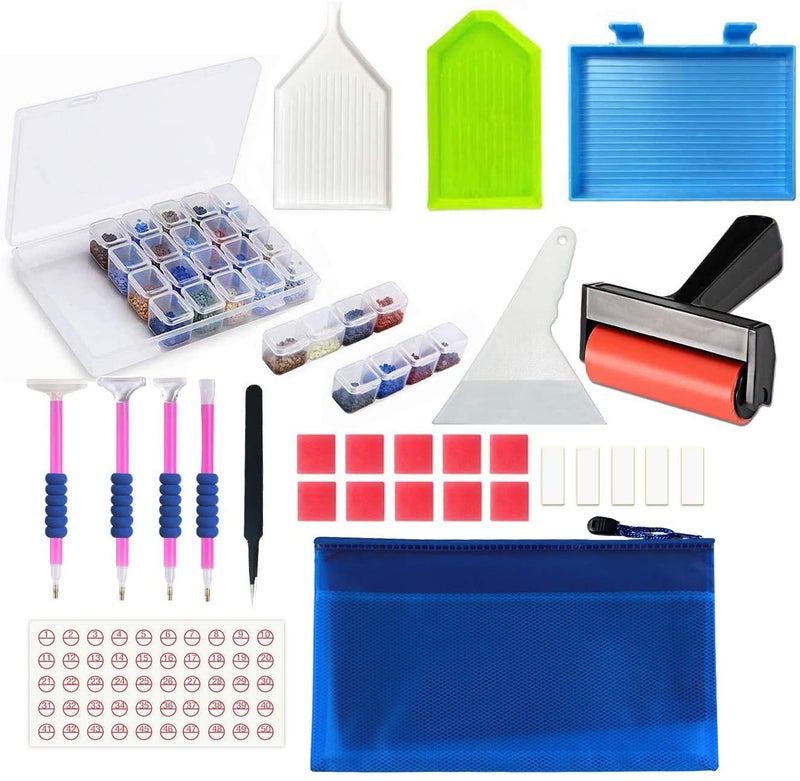 JUSONEY Diamond Painting Kit5D Diamond Painting KitsEconomical and Practical 33 Pieces Diamond Art Accessories Pack with 28 Slots Diamond Embroidery Box Ceramic Tweezers Pens Toolbox