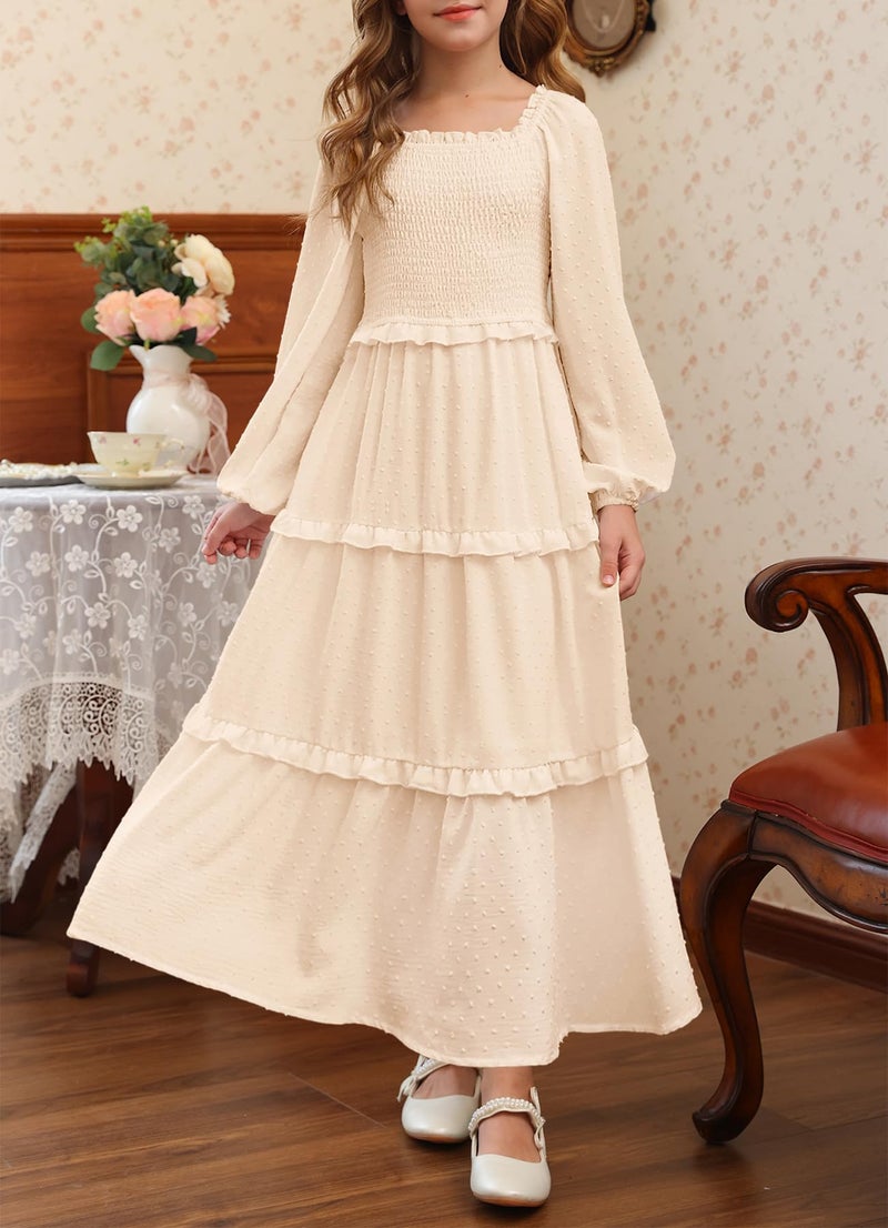 HOSIKA Girls Elegant Fall Dresses Square Neck Loose Casual Flowy Tiered Maxi Dress with Pockets for 6-12 Years Apricot - Image 2