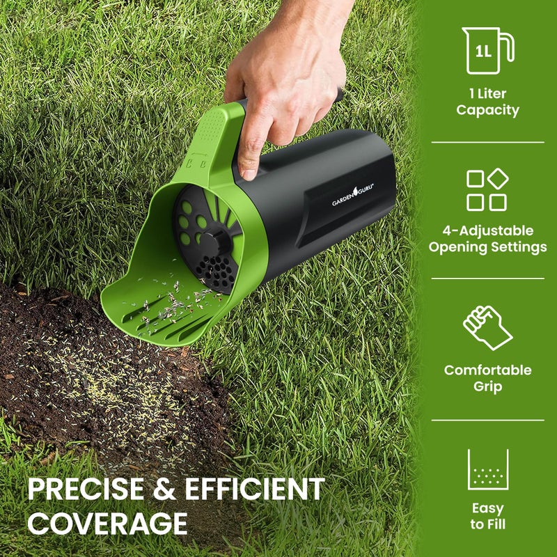 Garden Guru Lawn & Garden Tools Garden Guru Handheld Seed Spreader Shaker â€“ Multi Use Grass Seed, Fertilizer, Salt, Ice & Snow Melt Spreader â€“ Adjustable Twist Cap w Multiple Size Openings â€“ Lightweight 1L Capacity Hand Seeder - Image 2
