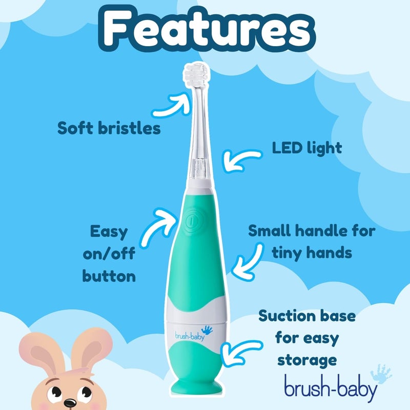 brush-baby BabySonic Infant and Toddler Electric Toothbrush for Ages 0-3 Years - Smart LED Timer and Gentle Vibration Provide a Fun Brushing Experience - Includes 2 Sensitive Brush Heads (Teal) - Image 4