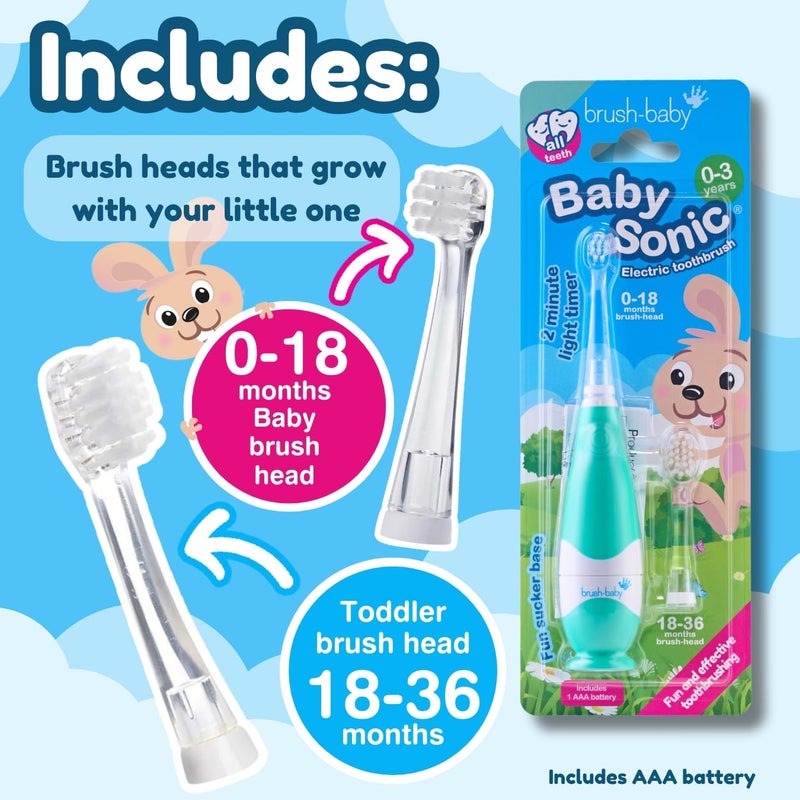 brush-baby BabySonic Infant and Toddler Electric Toothbrush for Ages 0-3 Years - Smart LED Timer and Gentle Vibration Provide a Fun Brushing Experience - Includes 2 Sensitive Brush Heads (Teal) - Image 3