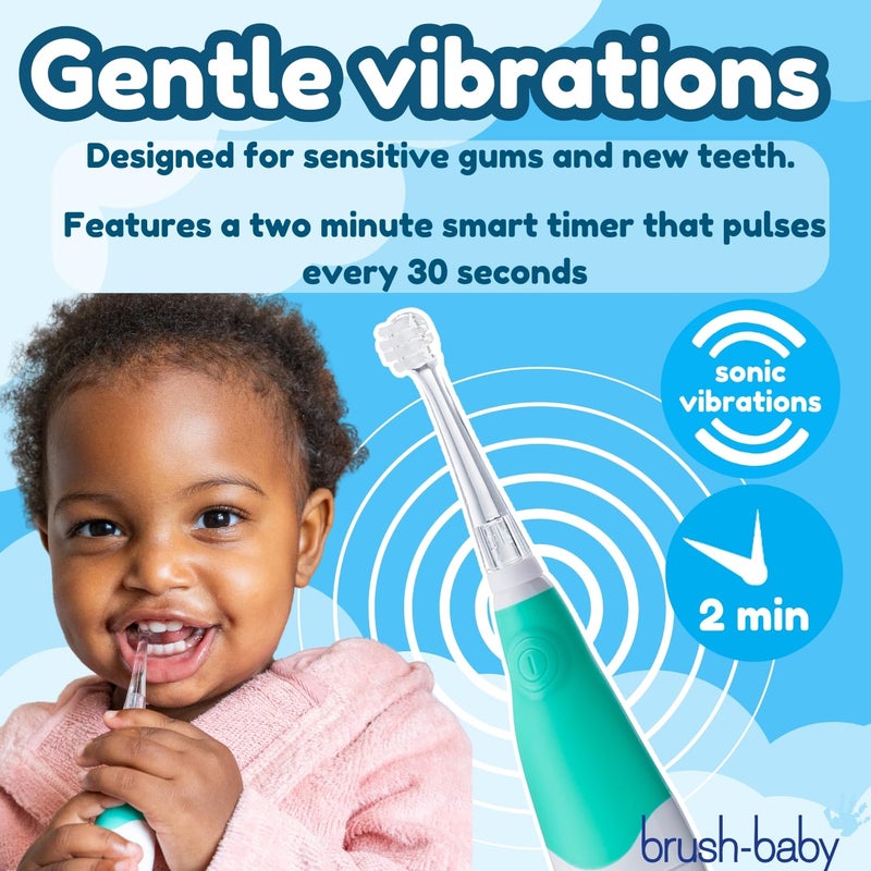 brush-baby BabySonic Infant and Toddler Electric Toothbrush for Ages 0-3 Years - Smart LED Timer and Gentle Vibration Provide a Fun Brushing Experience - Includes 2 Sensitive Brush Heads (Teal) - Image 5
