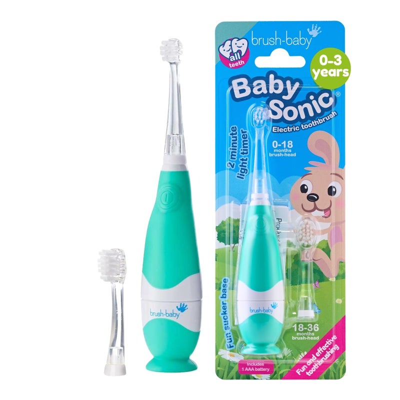 brush-baby BabySonic Infant and Toddler Electric Toothbrush for Ages 0-3 Years - Smart LED Timer and Gentle Vibration Provide a Fun Brushing Experience - Includes 2 Sensitive Brush Heads (Teal) - Image 1