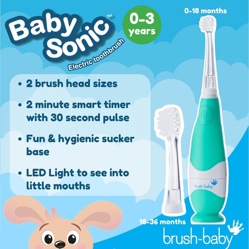 brush-baby BabySonic Infant and Toddler Electric Toothbrush for Ages 0-3 Years - Smart LED Timer and Gentle Vibration Provide a Fun Brushing Experience - Includes 2 Sensitive Brush Heads (Teal) - Image 2