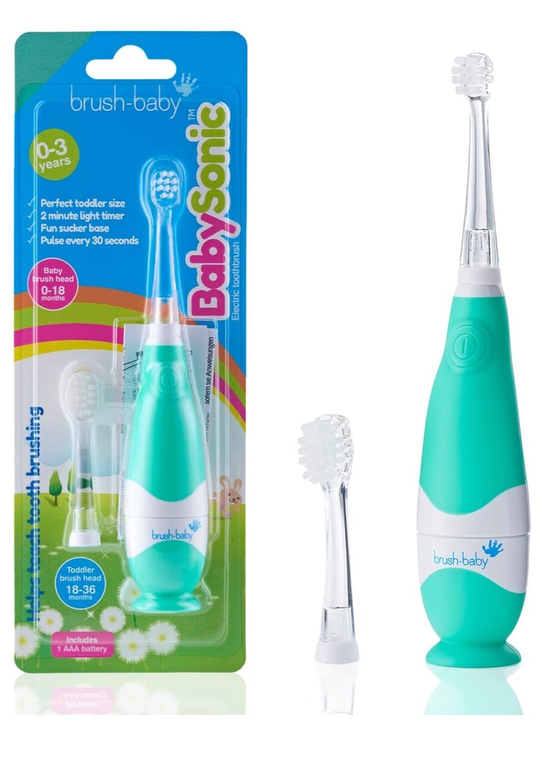 brush-baby brush-baby BabySonic Infant and Toddler Electric Toothbrush for Ages 0-3 Years - Smart LED Timer and Gentle Vibration Provide a Fun Brushing Experience - Includes 2 Sensitive Brush Heads (Teal)  - Image 1