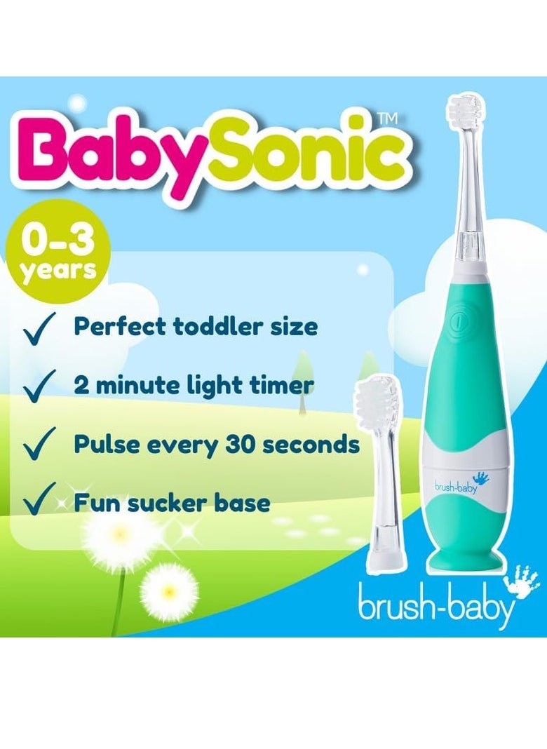 brush-baby brush-baby BabySonic Infant and Toddler Electric Toothbrush for Ages 0-3 Years - Smart LED Timer and Gentle Vibration Provide a Fun Brushing Experience - Includes 2 Sensitive Brush Heads (Teal)  - Image 2