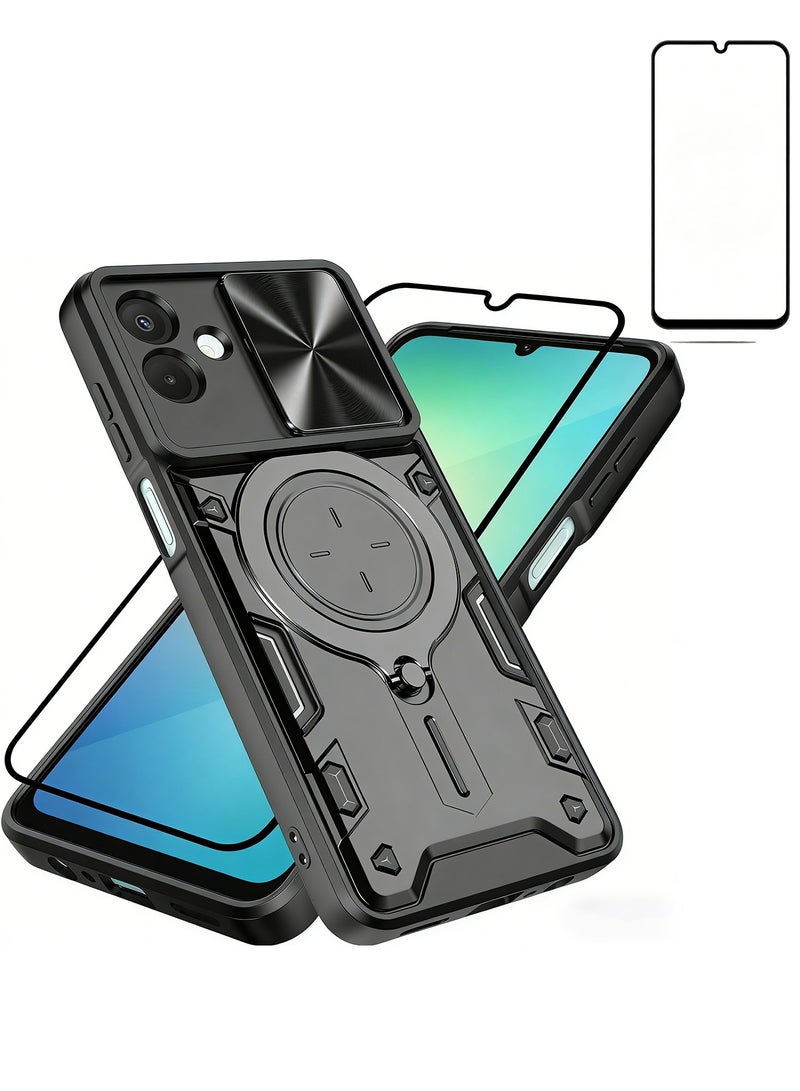 أداندو [1+2] جراب لهاتف سامسونج جالاكسي A07 4G مع واقي شاشة من الزجاج المقوى، وغطاء منزلق للكاميرا، وحلقة مسند مع حماية من الزوايا، وغطاء متين مقاوم للخدش والصدمات (أسود) - Image 1