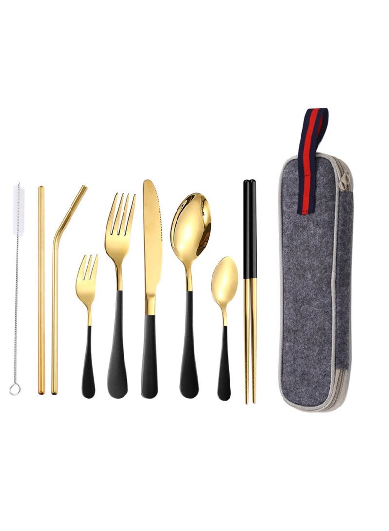 KUYING Outdoor Portable Tableware Set Camping Picnic Stainless Steel knife Fork Spoon 9-Piece Set 
